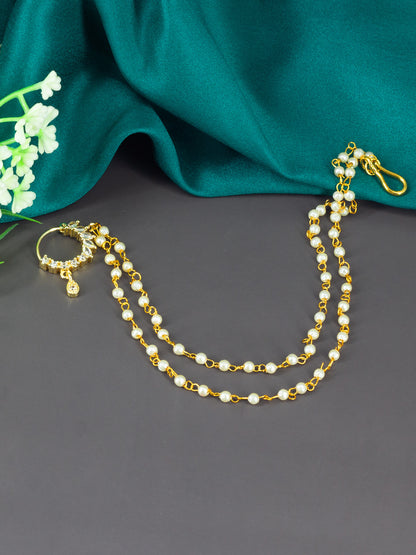 Gold Plated AD Nose Ring with 2 line Pearl Chain