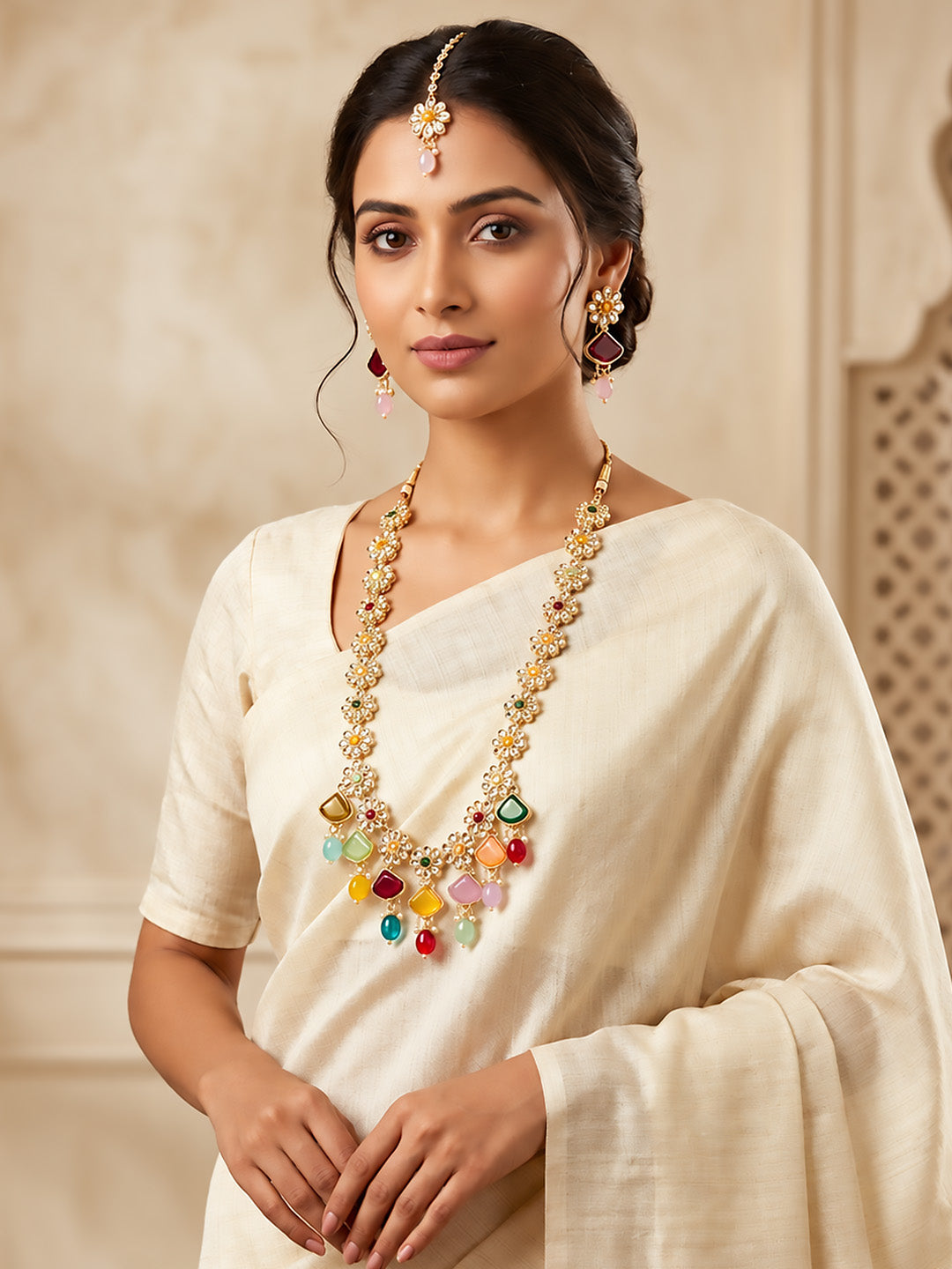 Gold Plated Artificial Stones and Beads Jewellery Set With Maangtika