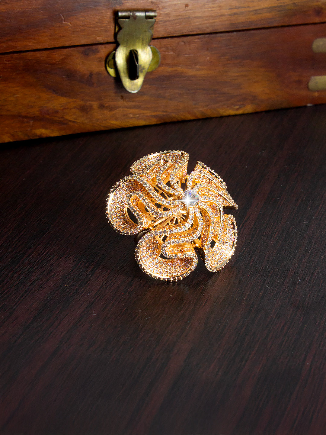 Rose Gold Plated AD Floral Cocktail Adjustable Ring