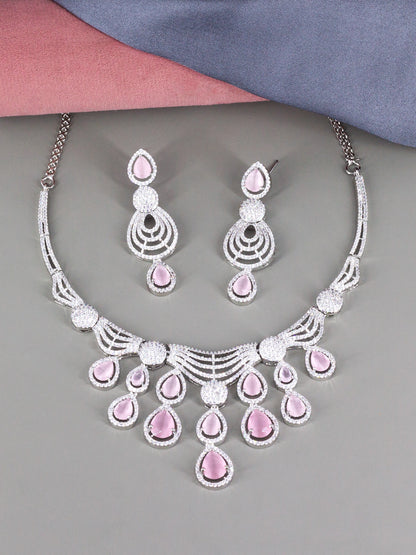 Silver Plated Pink & White AD Designer Jewellery Set