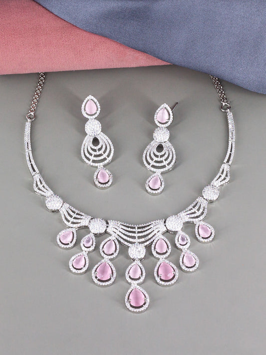 Silver Plated Pink & White AD Designer Jewellery Set