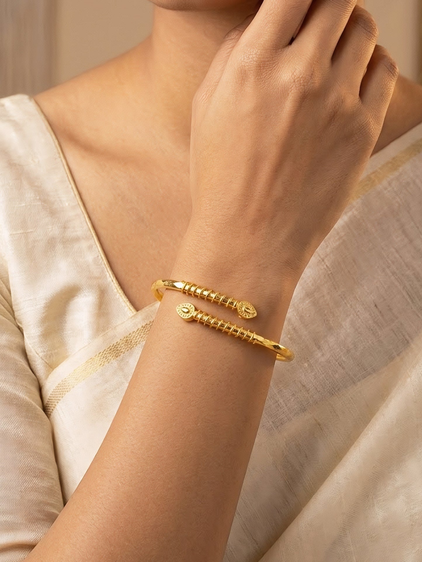 Gold Plated Leaf Adjustable Temple Bangle Bracelet for Women