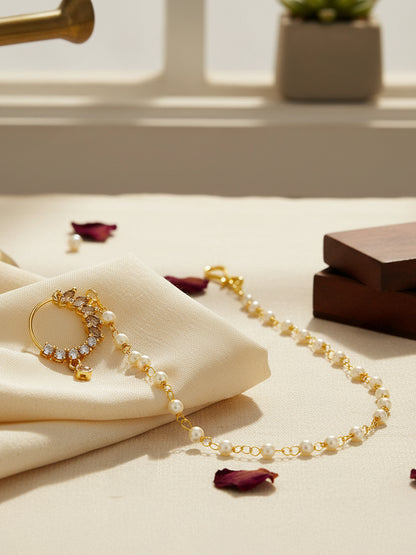 Gold Plated American Diamond & Pearl Beaded Chained Nose ring