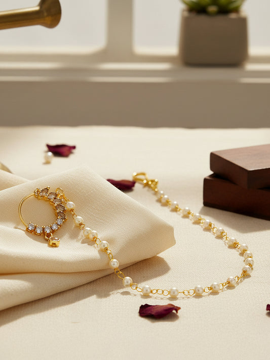 Gold Plated American Diamond & Pearl Beaded Chained Nose ring