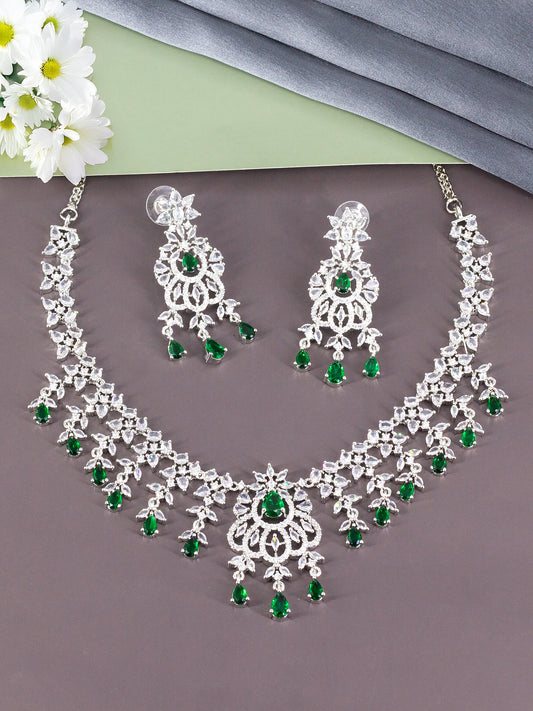Rhodium Plated Green & White AD Jewellery Set