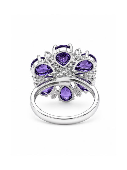 Silver Plated Purple AD Floral Finger Ring for Women