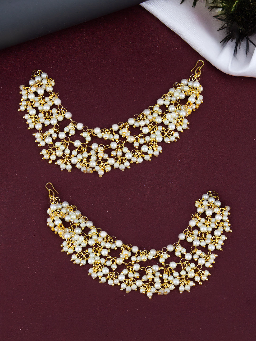 Gold-Plated 3-Layered Beads Drop Ear Chain