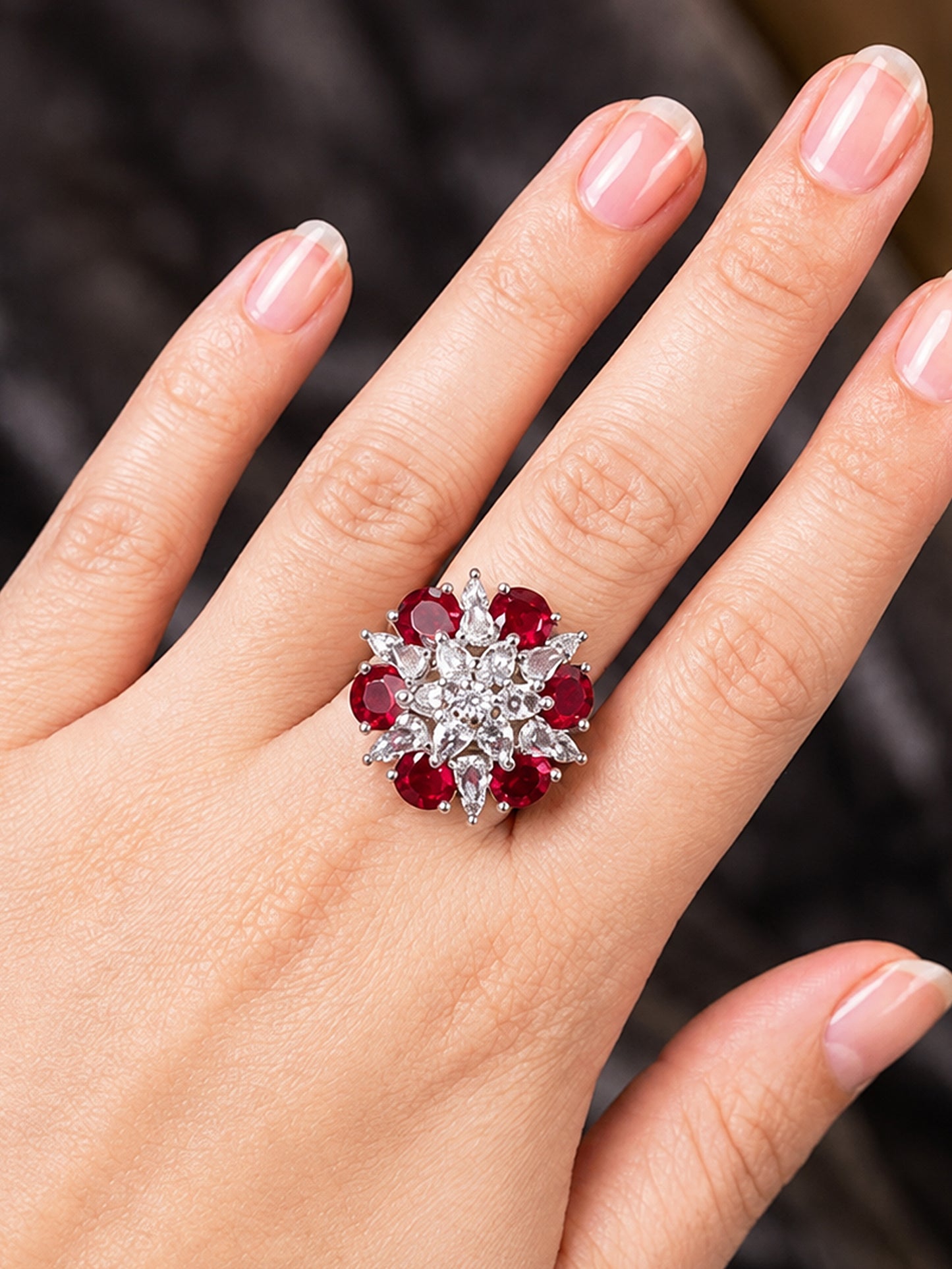 Rhodium Plated Red AD Finger Ring for Women