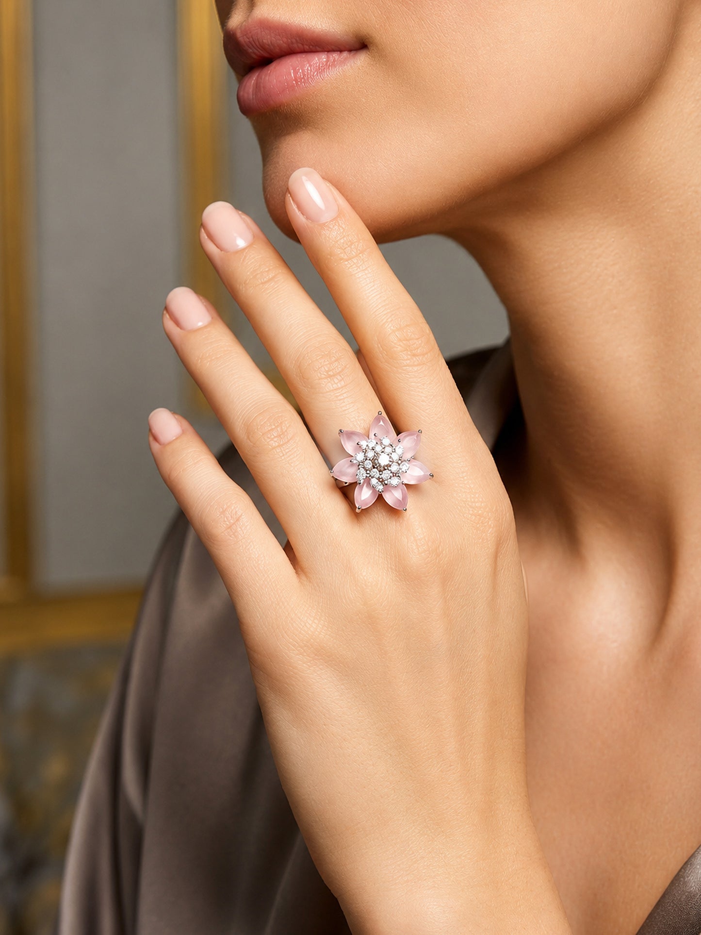 Rhodium Plated Pink AD Floral Finger Ring for Women