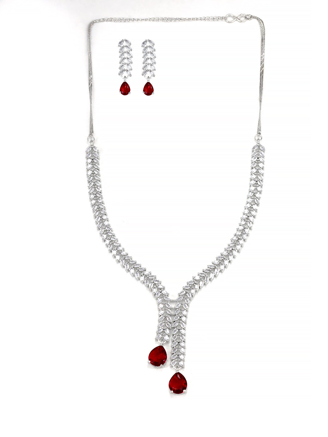 Red American Diamond  Tear Drop Leaf Party Jewellery Set