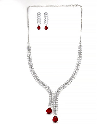 Red American Diamond  Tear Drop Leaf Party Jewellery Set
