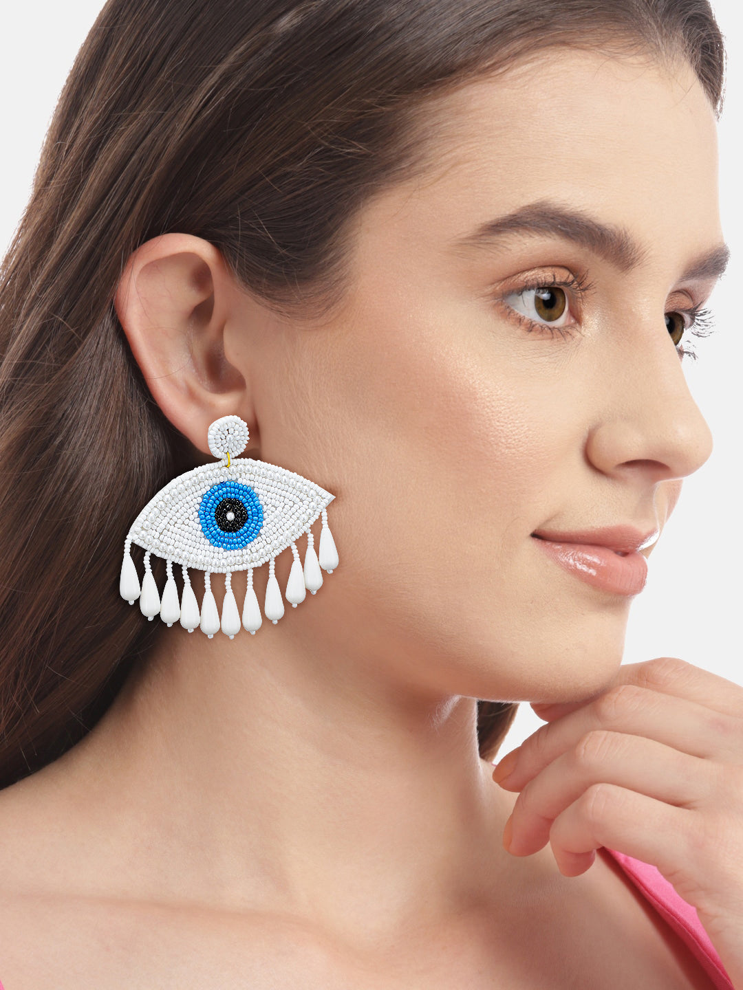 Evil Eye White, Blue & Back Beaded Drop Quirky Earrings