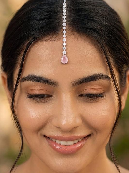 Silver Plated Pink AD Teardrop Maang Tikka for Women