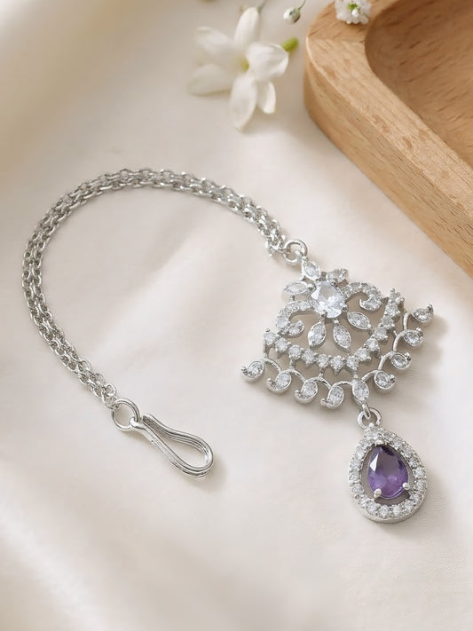 Silver Plated Purple AD Maang Tikka for Women
