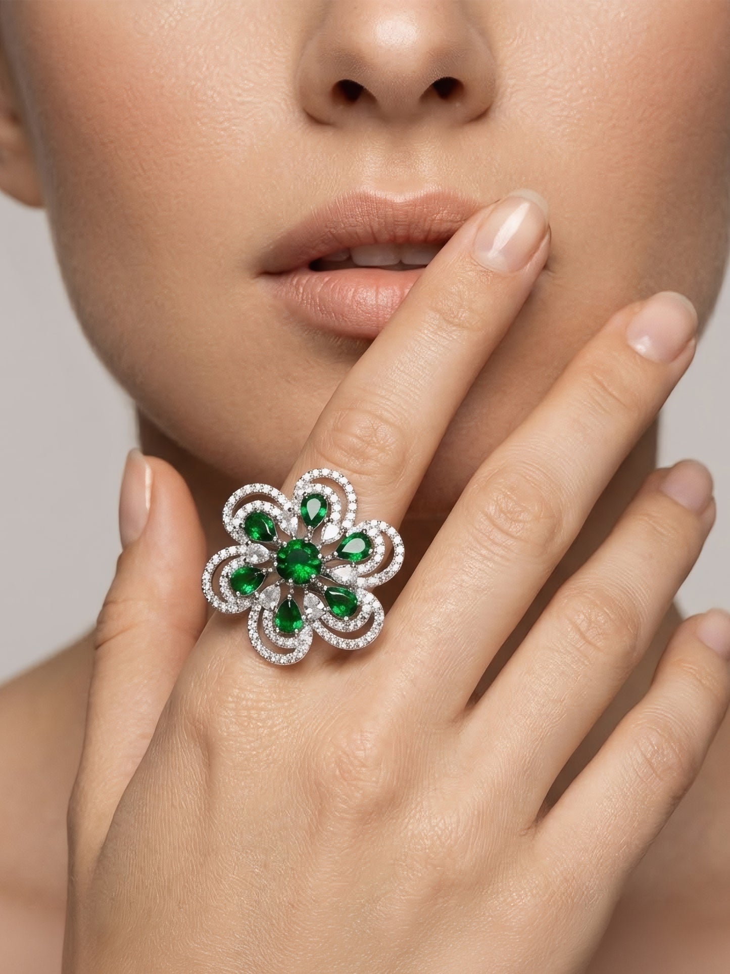 Silver Plated Green AD Floral Adjustable Finger Ring for Women