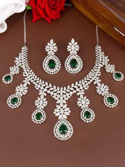 Rhodium-Plated Green Statement AD-Studded Bridal Jewellery Set