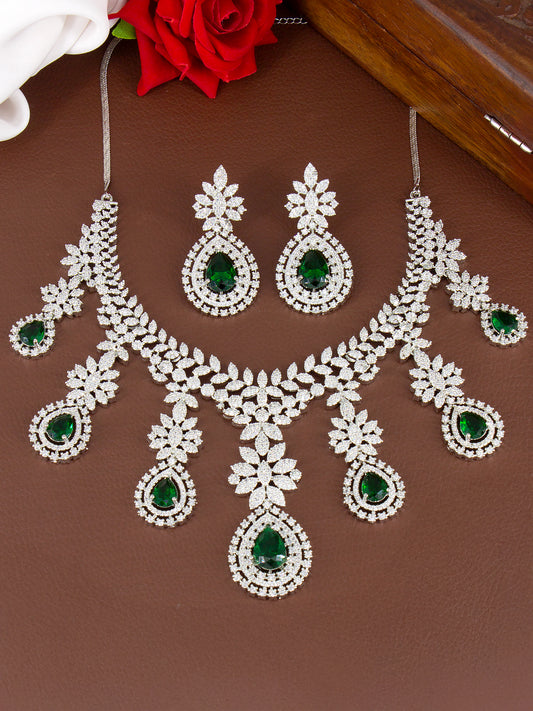 Rhodium-Plated Green Statement AD-Studded Bridal Jewellery Set