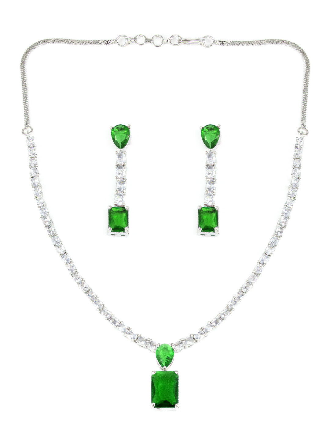 Silver Plated Green AD Minimal Jewellery Set