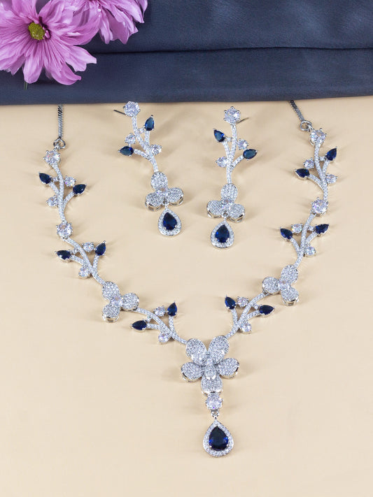 Silver Plated Blue & White American Diamond Designer Jewellery Set