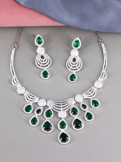 Silver Plated Green & White AD Designer Jewellery Set