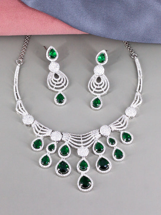 Silver Plated Green & White AD Designer Jewellery Set