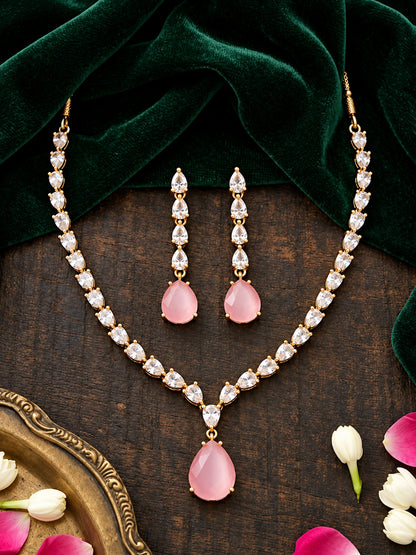 South Indian Gold Plated Pink AD Teardrop Jewellery Set for Women