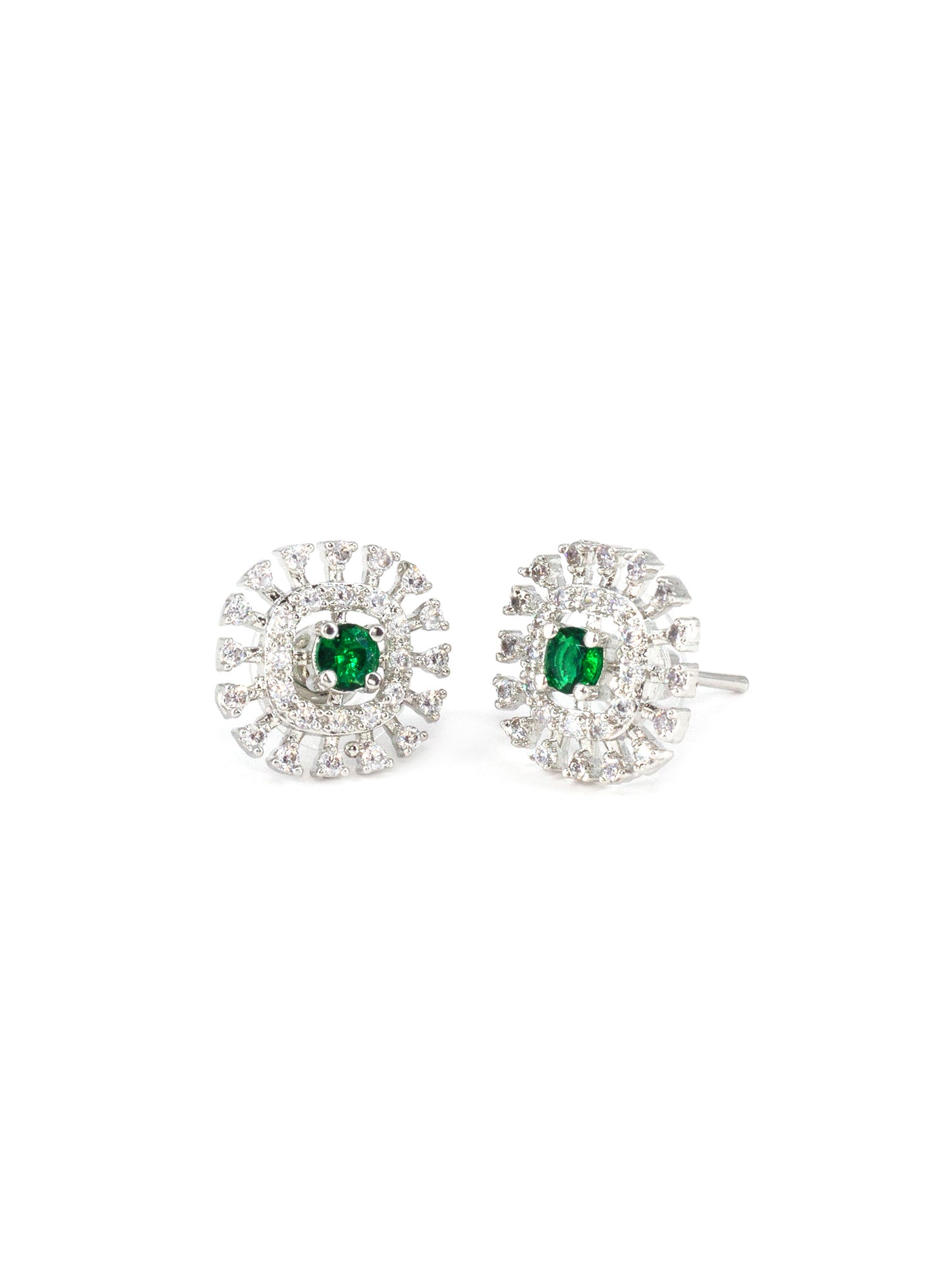 Silver Plated Green & White AD Studs For Women