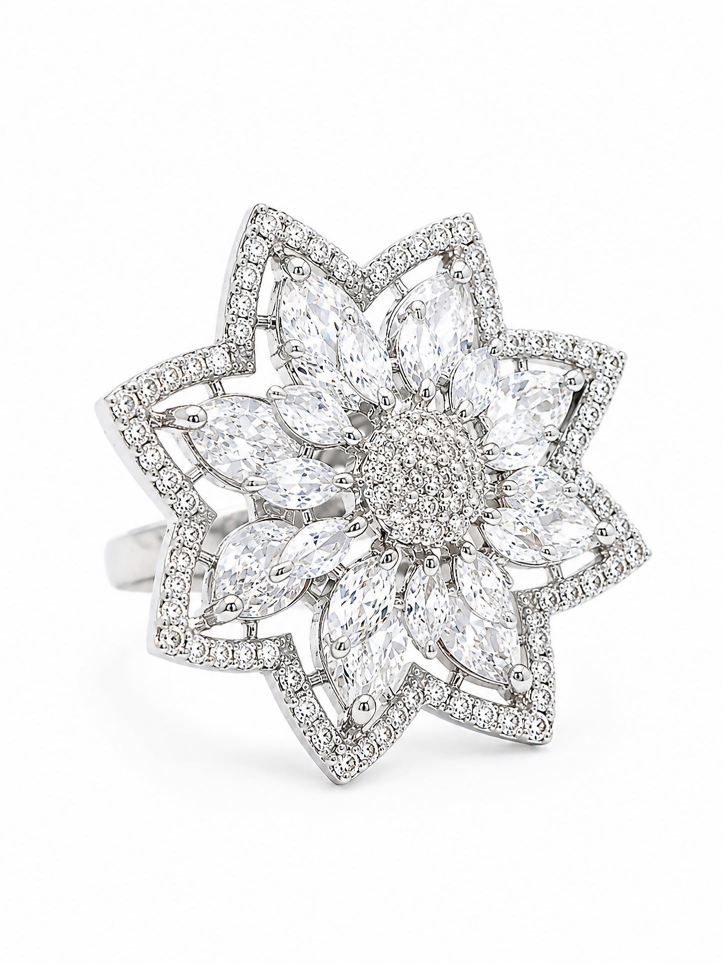 Silver Plated AD Floral Finger Ring for Women