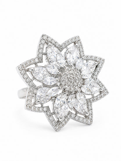 Silver Plated AD Floral Finger Ring for Women