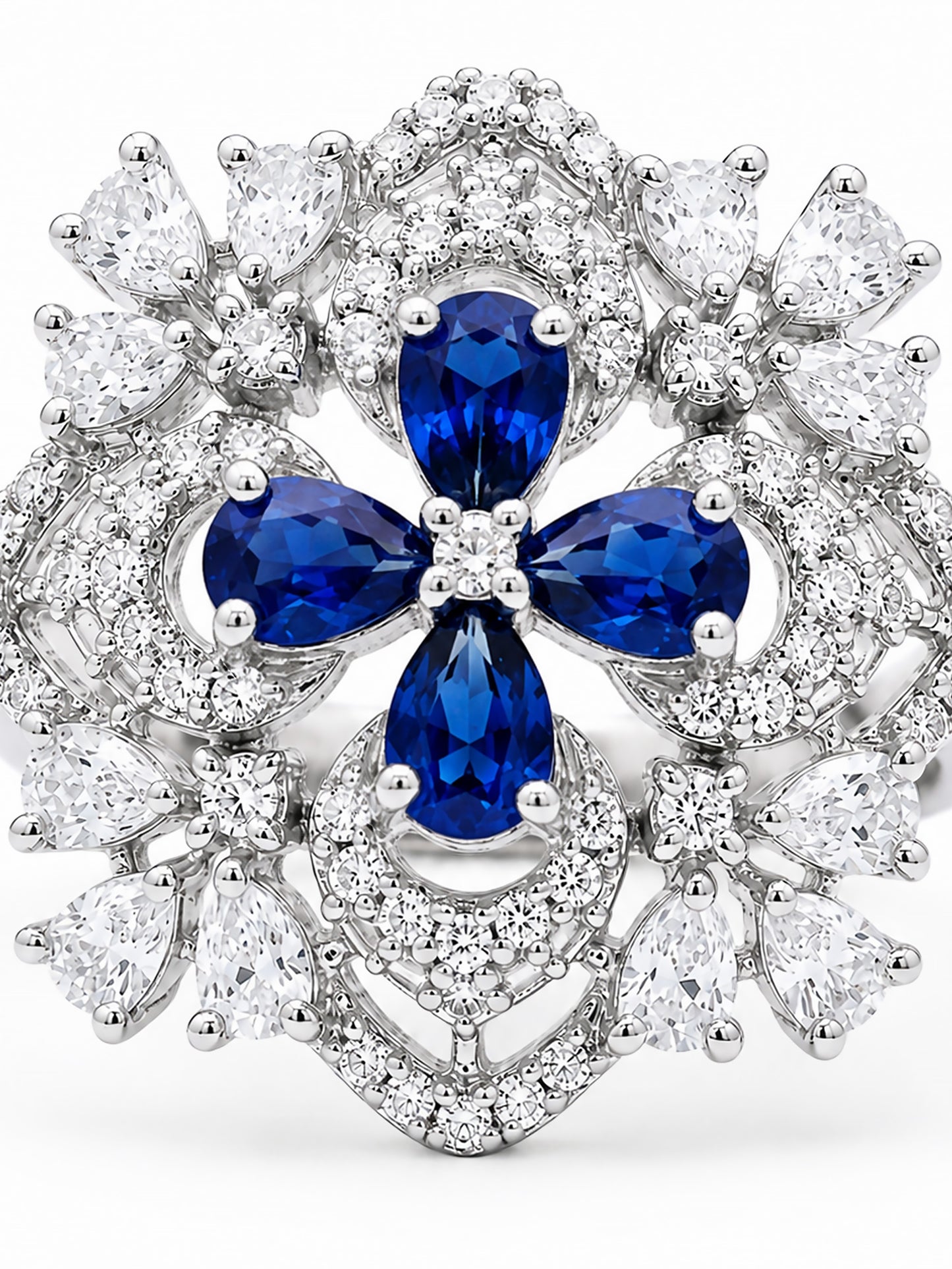Rhodium Plated Blue AD Floral Finger Ring for Women