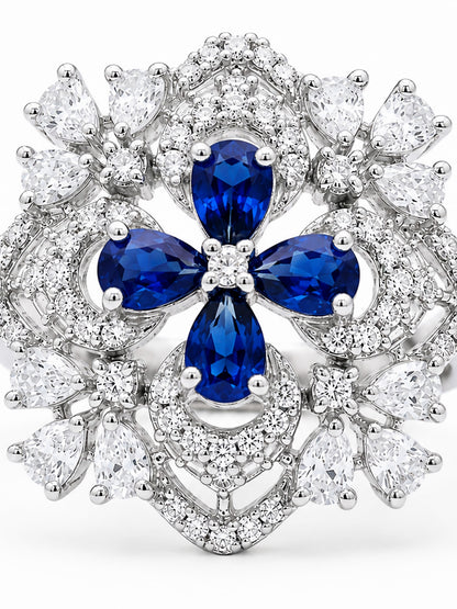 Rhodium Plated Blue AD Floral Finger Ring for Women