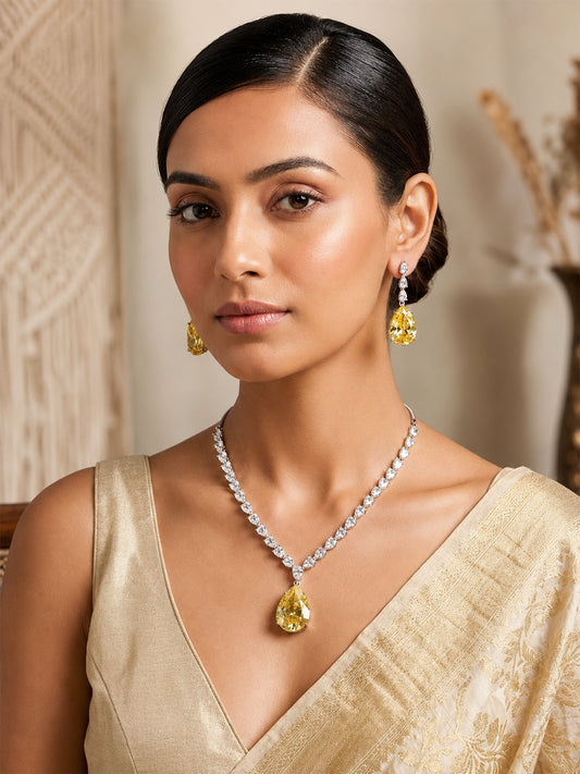 Silver Plated Yellow Teardrop AD Jewellery Set for Women