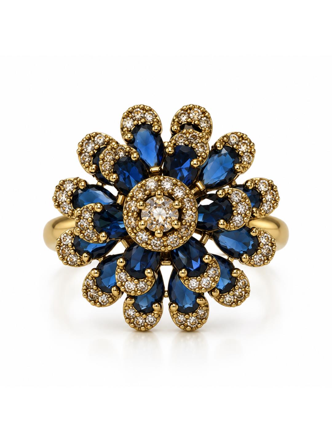 Antique Gold Plated Blue AD Floral Finger Ring for Women