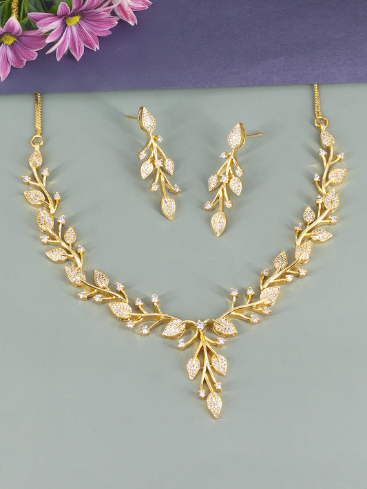 Gold Plated American Diamond Leaf Designer Jewellery Set for Women