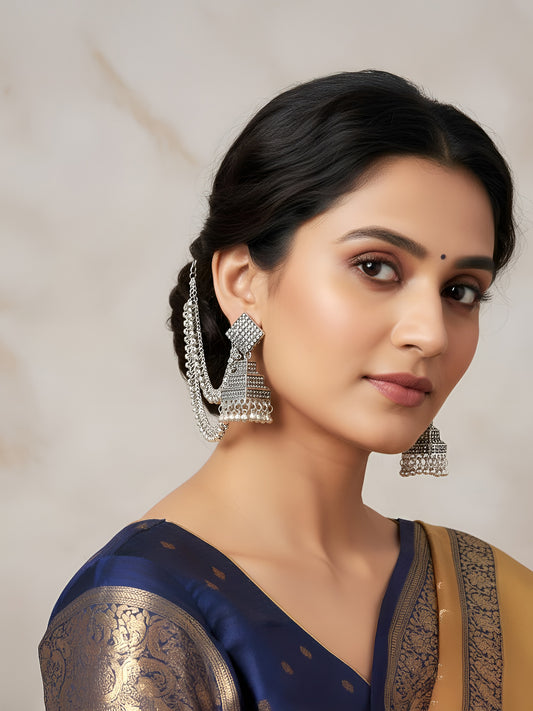 Silver Oxidised Jhumka Earring with Double Layer Ear Chain