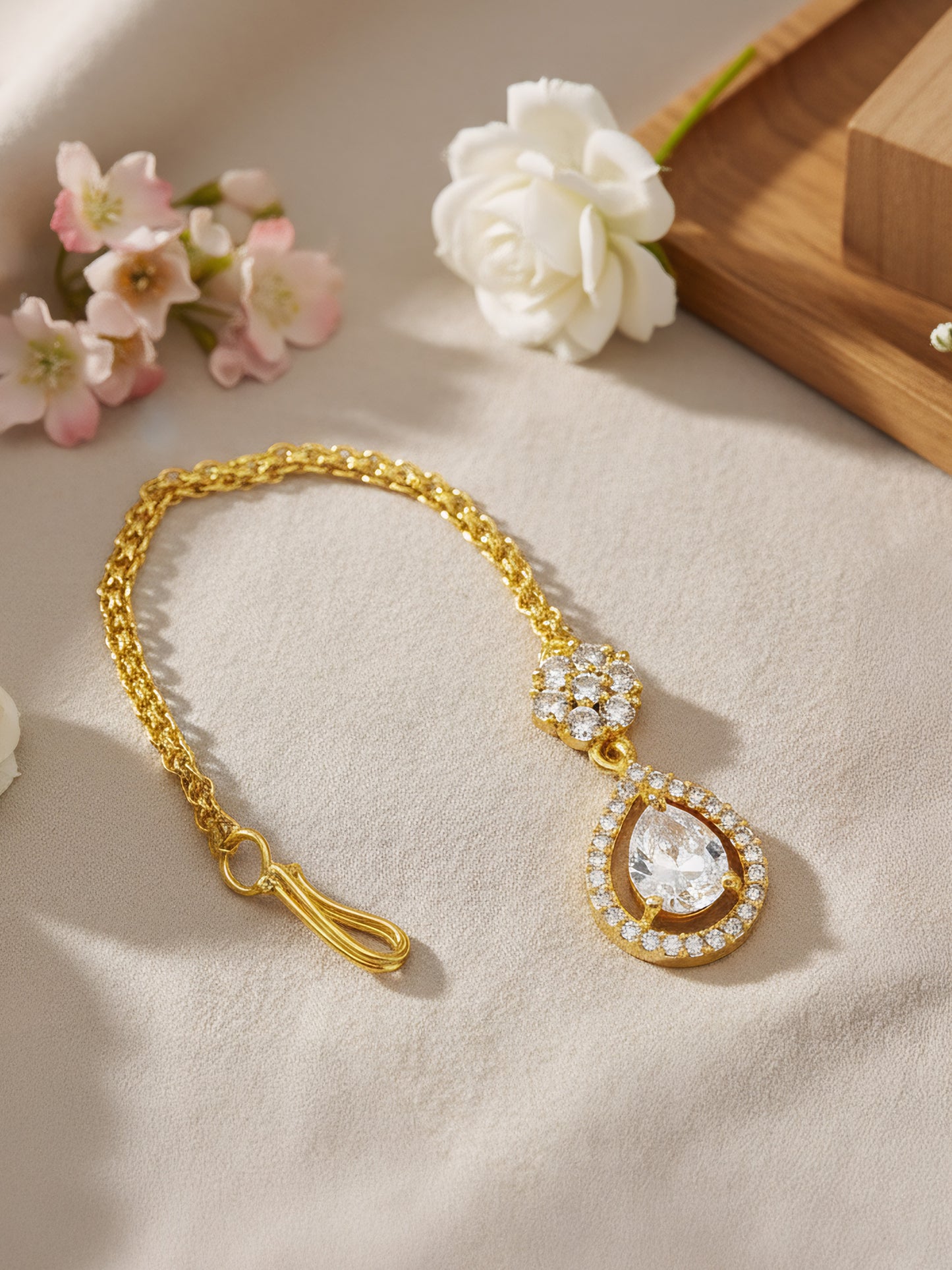 Gold Plated White AD Teardrop Maang Tikka for Women
