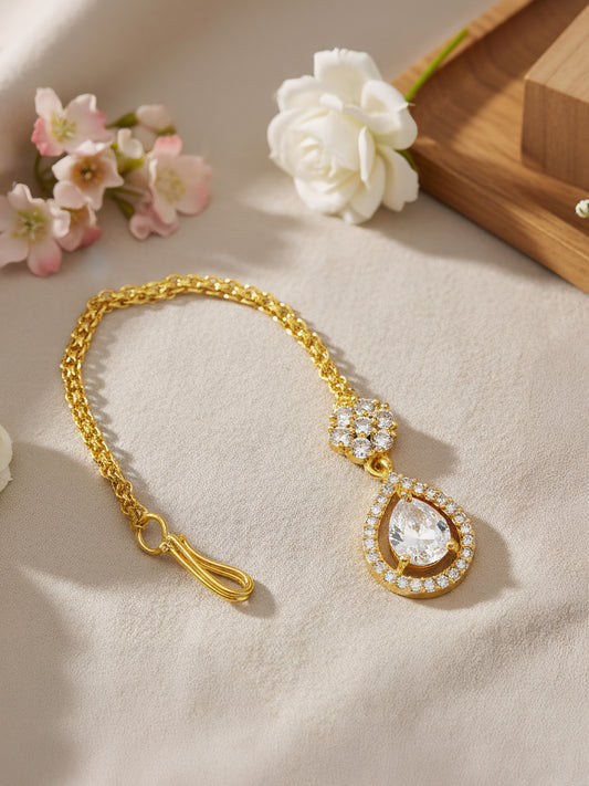 Gold Plated White AD Teardrop Maang Tikka for Women