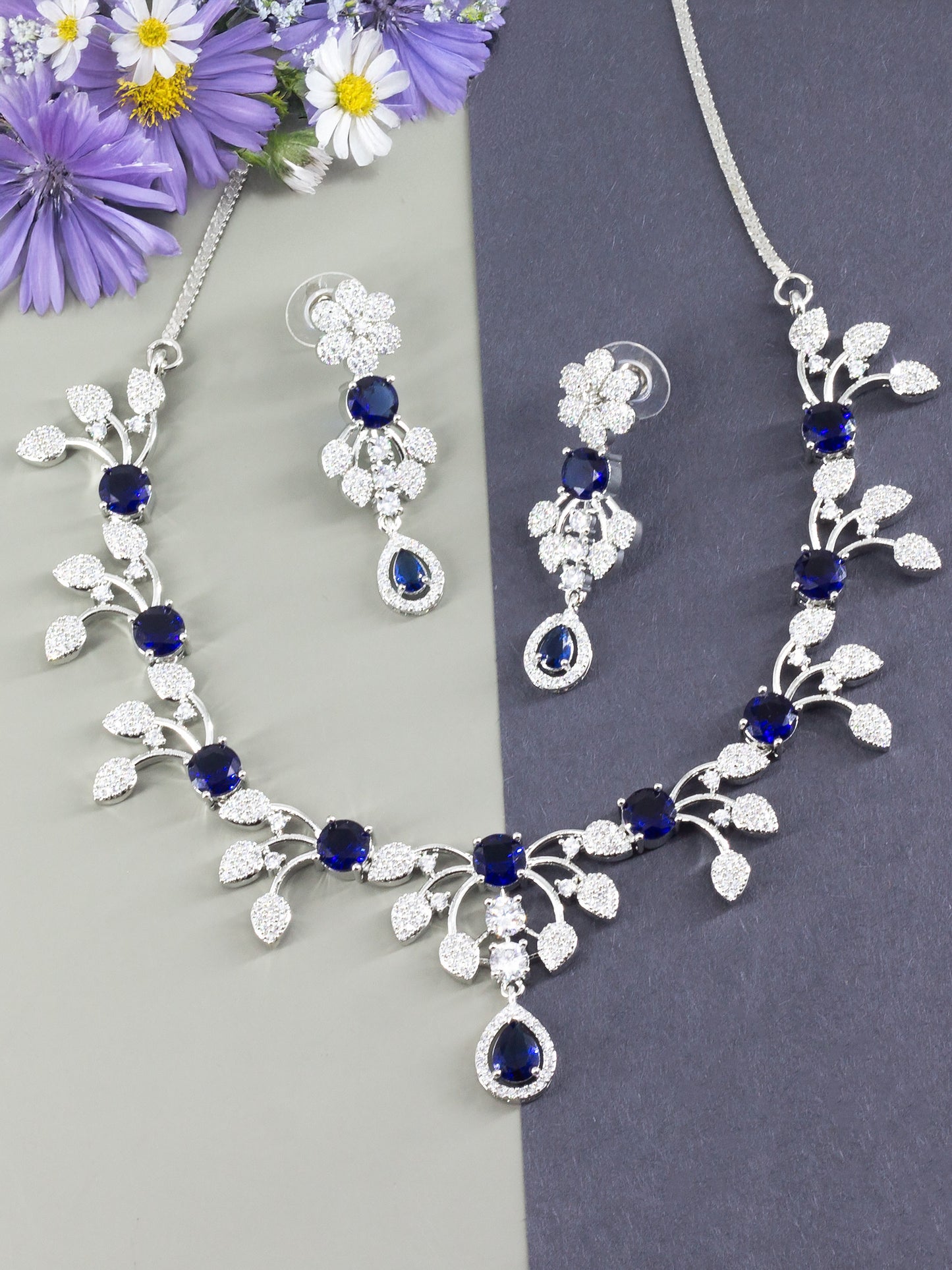 Rhodium Plated Blue AD Floral Jewellery Set