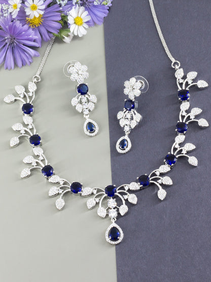 Rhodium Plated Blue AD Floral Jewellery Set