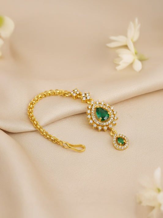 Gold Plated Green AD Maang Tikka for Women