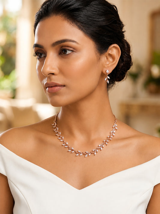 Rose Gold Plated AD Floral Jewellery Set for Women