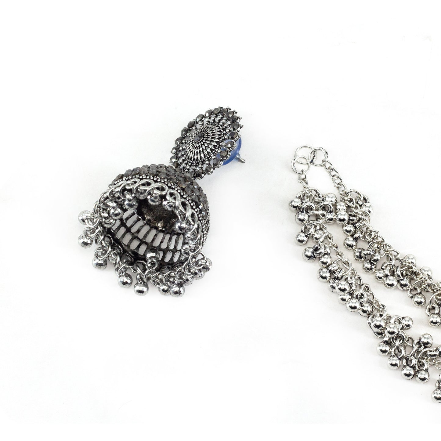 Silver Oxidised Jhumka Earring with Double Layred Chain for Women