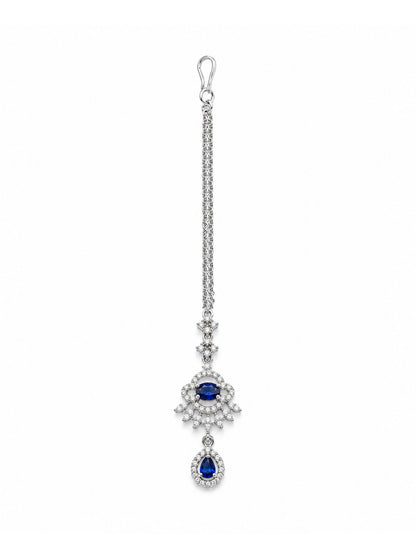 Silver Plated Blue AD Maang Tikka for Women