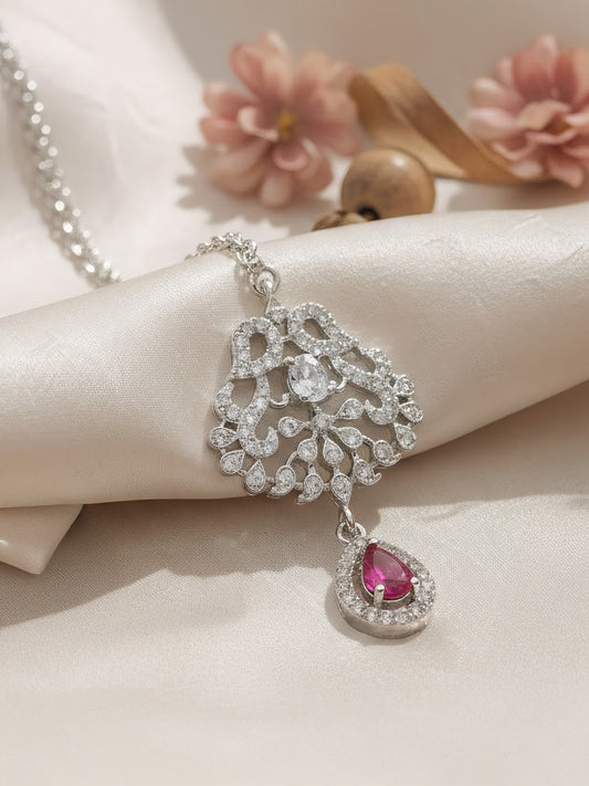 Rhodium Plated Red AD Maang Tikka for Women