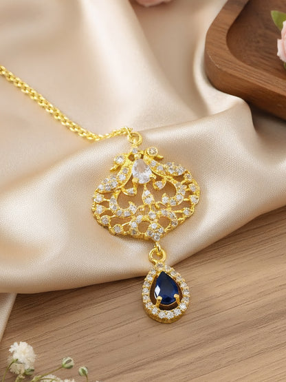Gold Plated Blue AD Peacock Maang Tikka for Women
