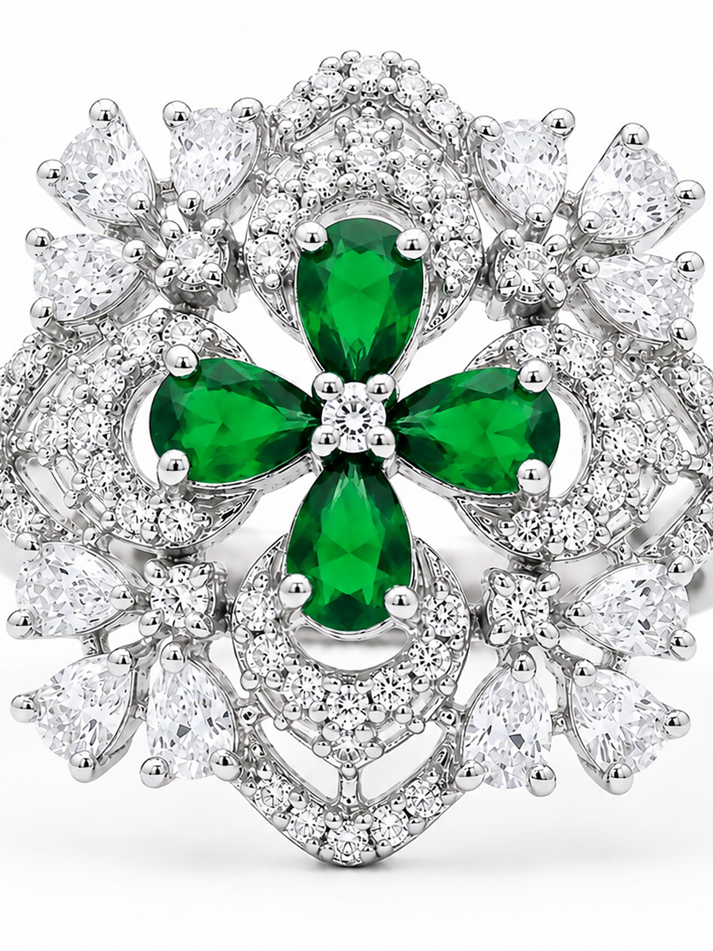 Rhodium Plated Green AD Floral Finger Ring for Women