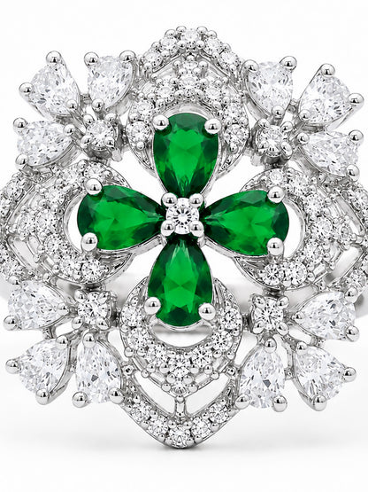 Rhodium Plated Green AD Floral Finger Ring for Women