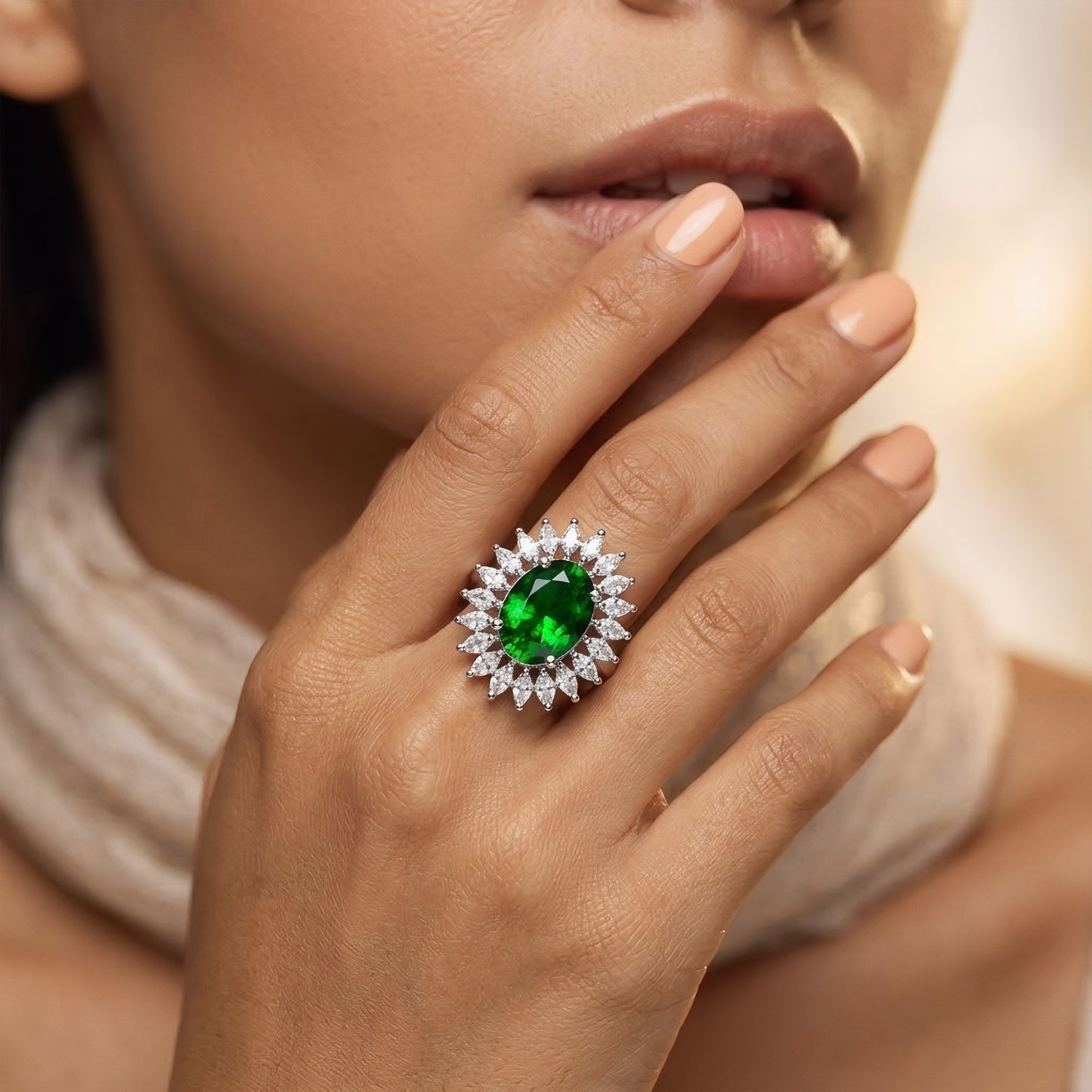 Rhodium Plated Green AD Finger Ring for Women