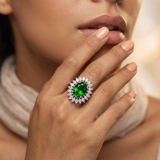 Rhodium Plated Green AD Finger Ring for Women