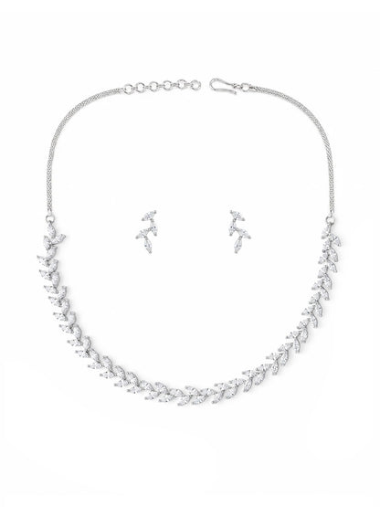 Silver-Plated Leaf American Diamond-Studded Jewellery Set